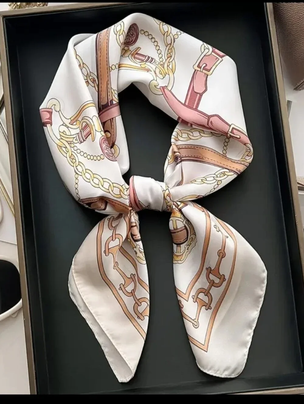 Scarf with Pink and Tan Equestrian Chain Print